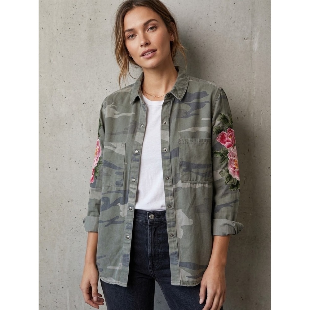 Rails Marcel Sage Camo Floral Patch Jacket Shirt XS Camouflage Pink Embroidery